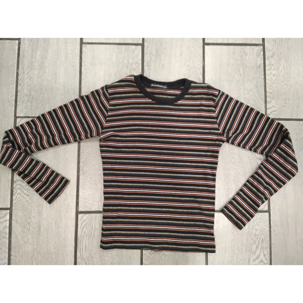 Brandy Melville Womens Striped Long Sleeve Crew Neck Ribbed Top Black Multi-S